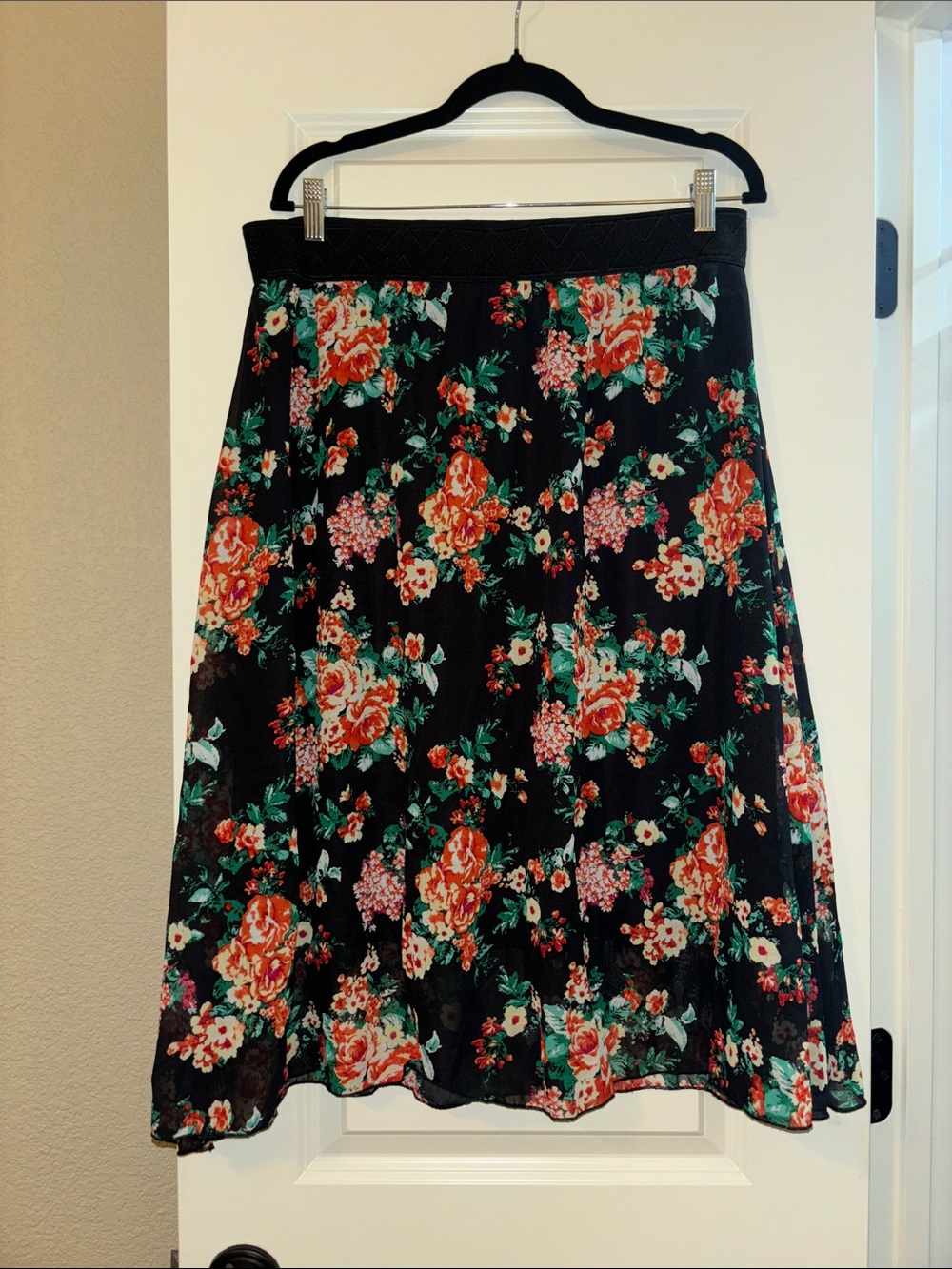 Lularoe Lola: Floral A-Line Midi Skirt - Black with Coral & Green Floral